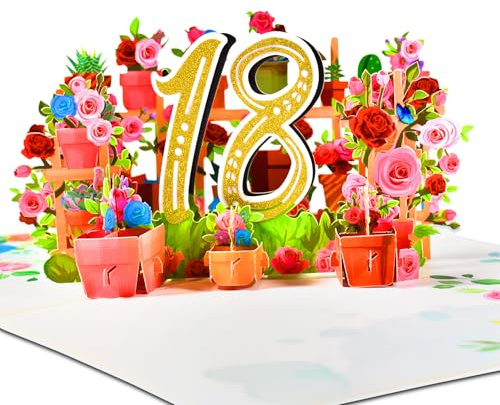GreETING ART Pop Up 3D gratulationskort, 18 födelsedagskort, blomma pop up 3D födelsedagskort till 18-årsdagen 18 år med kuvert för kvinnor mödrar män vänner romantik presentkort