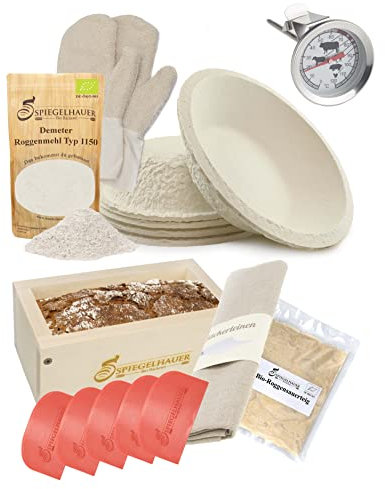 Bäckerei Spiegelhauer Sauerteig Set Roggensauerteig 300 g I 2 Teigschaber I Backrahmen aus Ahornhol I Bäckerleinen I Einstechthermometer I Fausthandschuhe ein Paar I Demeter Roggenmehl Typ 1150 1 kg