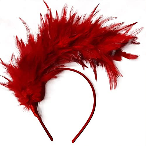 Damen 1920s Stirnband, 20er Jahre Flapper Feder Haarband Abschlussball Hochzeit Haarschmuck Damen Fascinator Kopfbedeckung Haarreif Kopfband für Party Hochzeit Burlesque Kostüm Accessoire,Rot