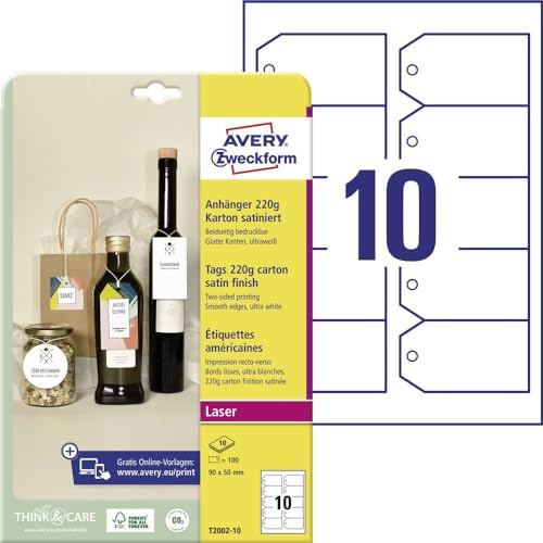 AVERY Zweckform T2002-10 stabile Anhänger 100 Stück inkl. Schnüre (90x50mm auf A4, beidseitig bedruckbare Produktanhänger, extra glatte Kanten, Geschenkanhänger, Preisanhänger) Karton 220g, weiß