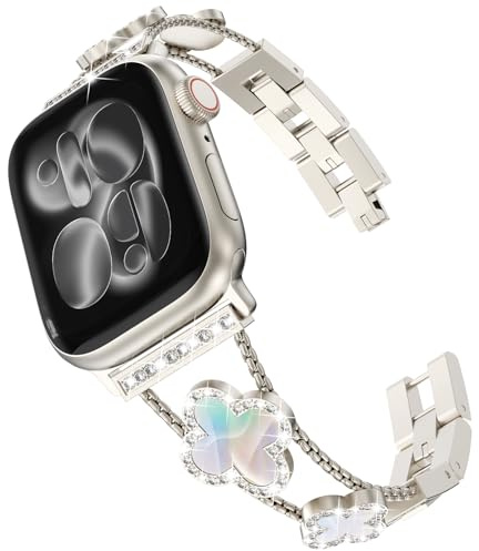 KADES Damen Ersatzarmband kompatibel mit Apple Watch Armband 42mm(Series 10 11) 41mm 40mm 38mm,Glücks Vierblatt Diamant Edelstahl Gliederarmband für iWatch SE Series 11 10 9 8 7 6 5 4 3 2 1,Polarstern