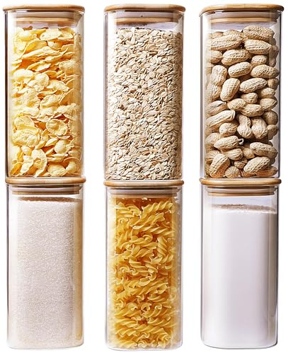 HomArtist Square Glass Jars with Bamboo Lids 34 FL OZ [Set of 6], Glass Canisters with Airtight Lid, Glass Food Storage Container for Pasta, Flour, Sugar, Rice, Best for Kitchen & Pantry