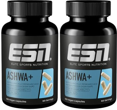 ESN Ashwa +, Ashwagandha hochdosiert, patentiertes KSM 66®, 2 x 120 Kapseln, mit Magnesium, Vitamin B6 & Zink - made in Germany