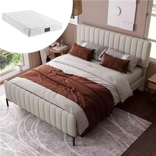 KnSam Polsterbett Einzelbett 140x200cm, Bettgestell mit Lattenrost & Verstellbares Kopfteil, Gepolstertes Bett in Beige, Bettrahmen Jugendbett für Schlafzimmer -Leinenmaterial (Mit Matratze)