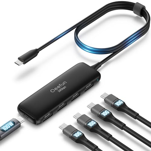 Qeefun 10Gbps USB C Hub, USB 3.2 hub mit 4 USB-C, USB 3.2 Gen 2 Splitter, 120cm Extended Long Data Cable und 100W Power Port, für Dell XPS, Thinkpad, HP, iPad Pro, iPhone 15/15 Pro Max und mehr