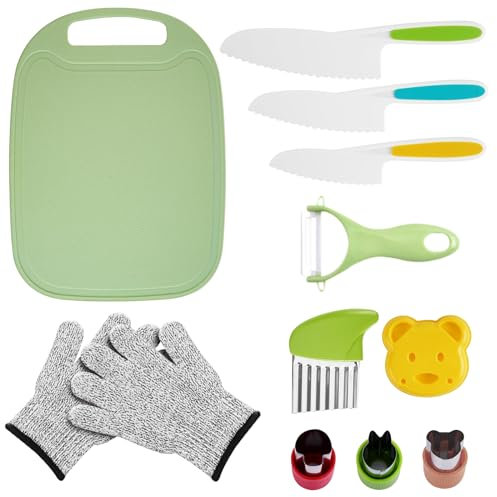 SPERMUOY Kindermesser, 12 teiliges Kinder Kochmesser, Kinder Küchenmesser Set mit Schneidebrett, Keksform, Kinderhandschuhe, Cutter Obst Gemüse Ausstechformen, Kinder Küchenmesser ab 2 jahre