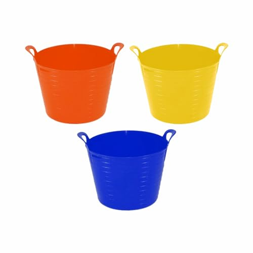 Set of 3-26l Litre Flexi Tub Medium Planter Storage Container Washing Basket Trug Colour Bucket Rubber Flexi Strong Tub For Home Garden MADE IN U.K. (Orange, Yellow & Blue)