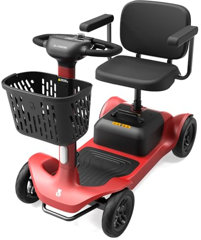 Glashow S1 Folding 4-Wheel Mobility Scooter for Seniors – 25-Mile Range, 6.2 mph, All-Terrain Electric Scooter with Adjustable Swivel Seat, 265 lb Capacity, Removable 24V 20Ah Battery – Red