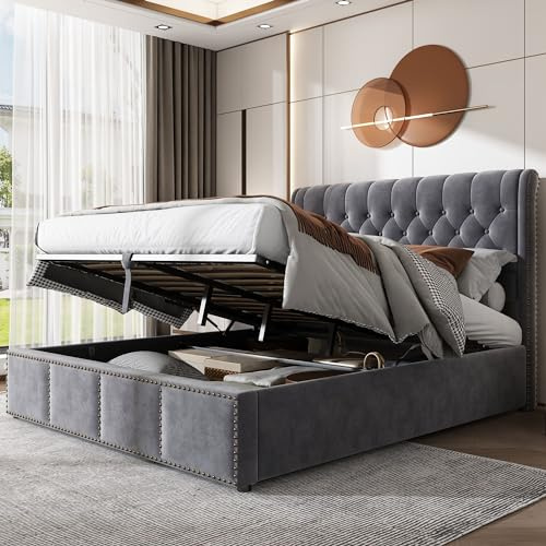 HYUB Polsterbett 160 x 200 cm mit Lattenrost, Samt Gepolstertes Hydraulisch Doppelbett Boxspringbetten mit Kopfteil, Bettgestell mit Stauraum, Dunkelgrau (Ohne Matratze)