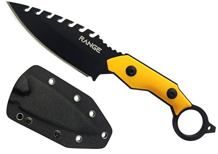 Range HK28 cuchillo de bushcraft de acero inoxidable 4CR13Mov, 21.4cm, 10.1cm hoja, mango antideslizante G10 y funda kydex