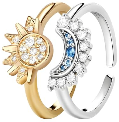 CFPLeHiYS Sonne Mond Ring Set,Verstellbar 925 Gold Silber Sun und Moon Ringe Dupes Schmuck Geschenke für Frauen Damen,Matching Rings Paare Valentinstag Freundschaftsringe