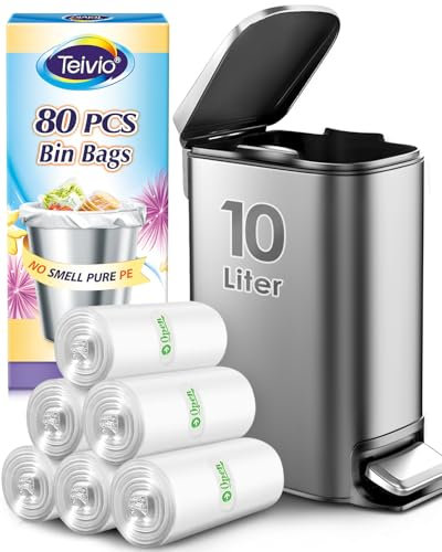 Teivio 10 Liter Small Bin Bags 100 Counts Pedal Bin Liners Thick Plastic Waste Bags for Bathroom, Kitchen, Office, Fit 7, 8, 10L Rubbish Bin, Clear