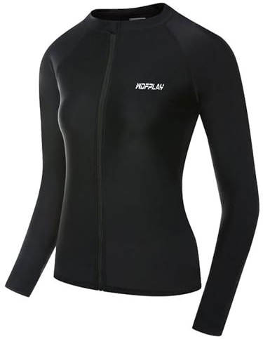 LiiYii Rashguard - Camiseta de manga larga para mujer, Upf50+ protección solar, para surf, ligera, secado rápido, ropa de playa con cremallera frontal para natación y buceo, Negro , M