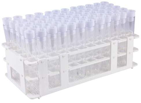 stonylab 16 mm Plastik Reagenzgläser Set, 60 Stück mit Ständer, 16 x 100 mm 10 ml Plastik Reagenzgläser mit weißen Kappen, Ideal für Wissenschaftliche Lehr Experimente