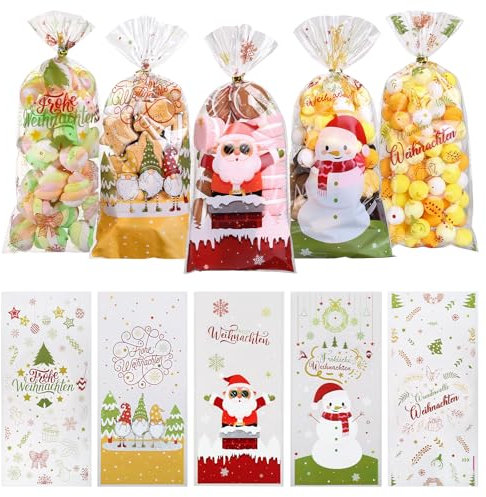 LIHAO 100 Stück Plätzchentüten Weihnachten Cellophantüten mit Twist Krawatten Durchsichtige Süßigkeiten Tüten Plastiktüten Kleine Tüten für Süßigkeiten Plätzchen Kekse
