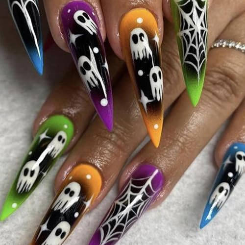 Boloshine Halloween Unghie Finte 24pcs Lunghe Mandorla Fantasma Della Ragnatela Sulle Unghie Finte, Unghie Artificiali Adesive Copertura Completa Press on Nails per Donna e Ragazza