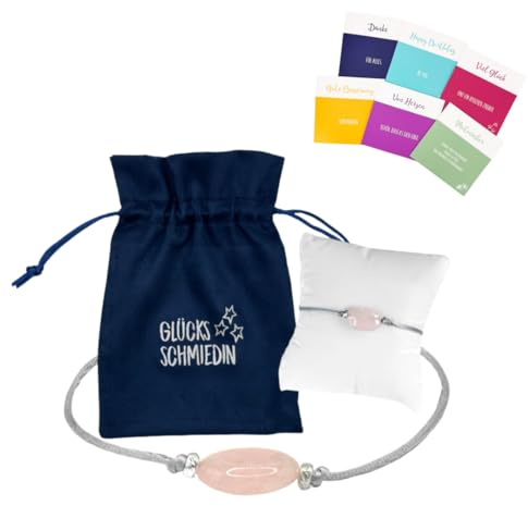 Glücksschmiedin - Rosenquarz Armband Damen mit Karten-Set, Edelsteinarmband Rosa mit Goldperlen und schönem Schmucksäckchen mit 6 verschiedenen Glückwunschkarten für jeden Anlass.