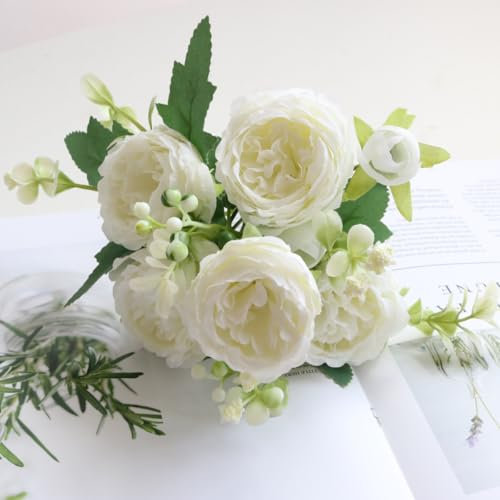 KARLOR Artificial Rose Bouquet White Rose Artificial Flowers Wedding Centrepiece Artificial Flowers White 5 Large Flower Heads & 4 Small Flower Buds, Persian Roses Artificial Rose Wedding Bouquet