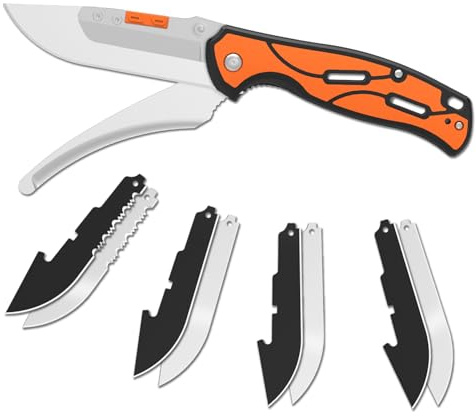 KNINE OUTDOORS Hunting Double Blade Pocket Knife with Replaceable Blades and Clip, Skinning and Gutting Knife, EDC Knife for Deer Hunting, with 9 Blades (Orange)