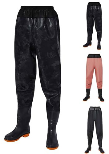 Wathose für Herren – Hüftwathose für Herren mit elastischer Taille, Wathose zum Angeln, Hop-Wathose für die Jagd, wasserdicht, über dem Knie, Angelhose, leicht, Watstiefel mit Taschen, Schwarz , 41