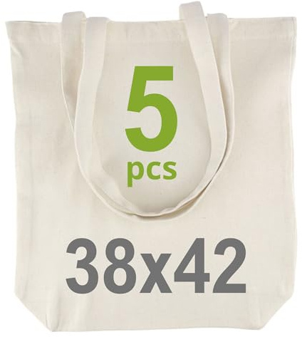 IDEA HOME-5 Stück Baumwolltasche 38x42cm- 220g - mit erweiterbarem Boden- Stoffbeutel Unbedruckt, Personalisierung Möglich – Bestickung oder Bemalung - Stofftasche mit zwei langen Henkeln - Natur