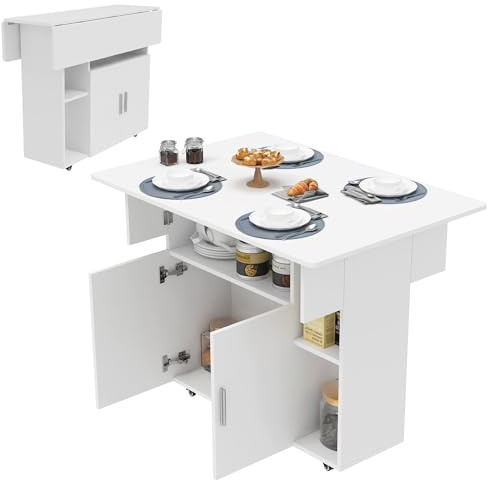 HAMHAIGO Klapptisch Küche, Mobiler Klapptisch mit Rädern, Esstisch klappbar mit 1 Kabinett und 3 Ablagen, Kleiner Esstisch Ausziehbar, Küchentisch Ausziehbar (Weiß, 100x70x78cm)