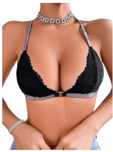 GORGLITTER Women's Lace Front Fastening Bras Wireless Metallic V Neck Racerback Sparkly Sexy Bralettes Black Large