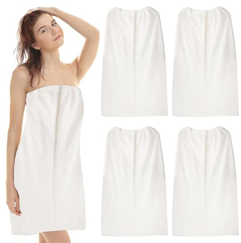 YFNVH 4 Pack Women Towel Wrap with Velcro Closure & Elastic Top, White Absorbent Terry Body Wrap for Spa, Shower, Gym & Pool, 85cm Length