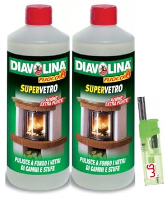 Diavolina Supervetro, Detergente Pulitore Specializzato ad Azione Extra Forte per Pulire a fondo i Vetri di Camini e Stufe dalla Fuliggine con Accendino GM (2, Ricarica 1lt)