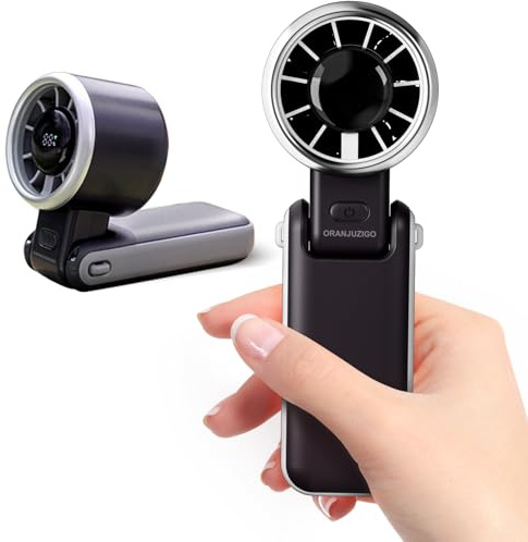 ORANJUZIGO Handheld Turbo Fan with LED Digital Display and 180°Folding Design,5 Speeds Adjustable Portable Rechargeable,Personal Fan Handheld for Travel,Office,Outdoor and Home (Black)
