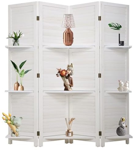 Room Divider 4 Panel Folding Wood 5.6 Ft Tall Privacy Screen Dividers Wall with Three Shelves Portable Partition (White)
