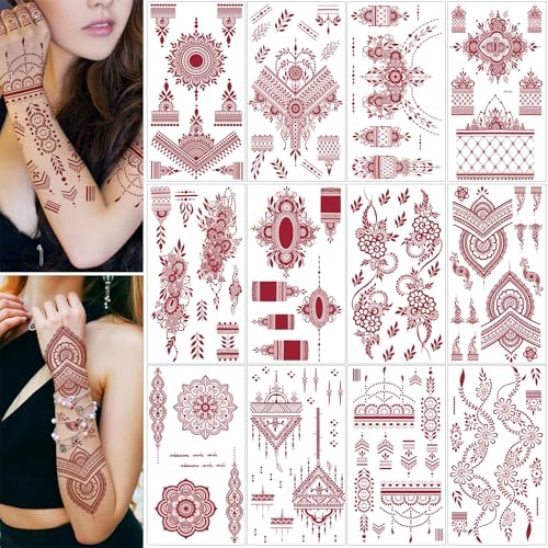 12 Sheets Brown Henna Tattoos Kit, Waterproof Temporary Tattoo Kits, Lotus Mandala Flower Temporary Tattoos Neck Chest Arm