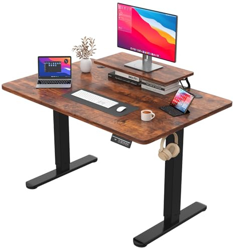 JUMMICO 120 x 60 cm Höhenverstellbarer Schreibtisch mit Monitorständer | Schreibtisch Höhenverstellbar Elektrisch mit Flexiblem Regal, Steh-Sitz Tisch, Bürotisch Stehschreibtisch, Vintage Braun