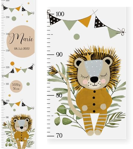 EmiliaLotte Personalisierte Kinder Messlatte Holz mit Wunschname & Daten I Messlatte Kinder 70-160 cm I Montessori Messlatte Kinder Holz in Weiß - Löwe Grün I Messlatten für Kinderzimmer