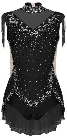 iiniim Mädchen Turnanzug Glitzer Gymnastikanzug Ärmellos Eiskunstlauf Body mit Fransen Kleid Ballerina Latein Tanzkleid Wettbewerb Tanzkostüm Schwarz 134-140