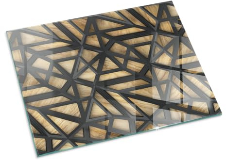 Funkenschutzplatte für Kamin 80x60 cm Hartglas Glasboden Stilvollem Motiv Dekorative Glasbodenplatte Hitzeschutz Rechteckige Schutzplatte Elegantes Design - Geometrie mit Holz