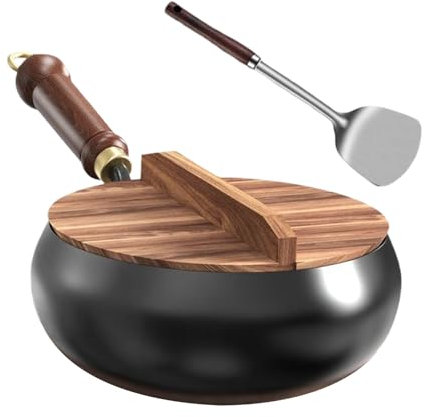 Pentole Antiaderenti - Padella in Ferro per Induzione con Coperchio e Spatola | Wok Cinese a Fondo per Fornelli Barbecue Campeggio | Strumento di Cottura per Casa e Ristorante
