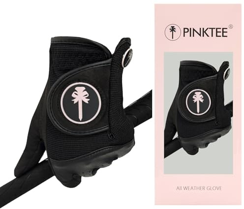 CROWNBLANKS PINKTEE RainGrip - Guanto da golf da donna, per tutte le stagioni, impugnatura morbida, con marcatore (mano sinistra), antiscivolo e durevoli (nero, rosa, L)