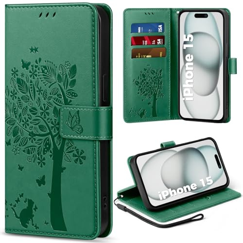 EASDNB Handyhülle für iPhone 15 Hülle Lederhülle Flip Wallet Case | 3 Kartenfächer, Magnet, Ständer, Premium Leder Prägung, Magnetic Closure, RFID Blockierung Klapphülle, Grün