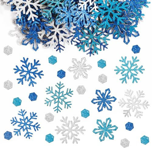 BETESSIN Schneeflocken Deko Blau Silber Glitzer - 150 Stück Schneeflocken Konfetti aus Papier - Weihnachtsdeko Tisch - Streudeko Weihnachten Basteln - Tischdeko für Winter & Weihnachten