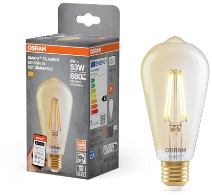 OSRAM Lampada LED SMART+, E53, 6W, 2400K, E27, Edison, Filamento, Oro, dimmerabile, controllabile tramite app o assistente vocale, compatibile con Matter
