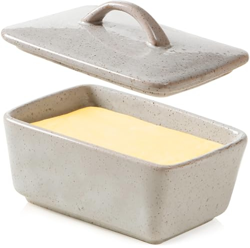 NUTRIUPS Keramik Butterdose mit Deckel, Vintage europäische Butterdose mit Deckel, abgedeckte Butterschale und Butterbox für Küchen, passt 1 Butterblock (grau, Mittlere Größe)