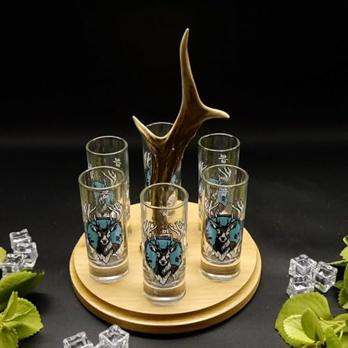 GTK - Geweihe & Trophäen KRUMHOLZ Set di 6 bicchieri da liquore con testa di cervo – a scelta puro o misto colorato – idea regalo per feste e amici, cervo celeste GTK27.30.43+SH