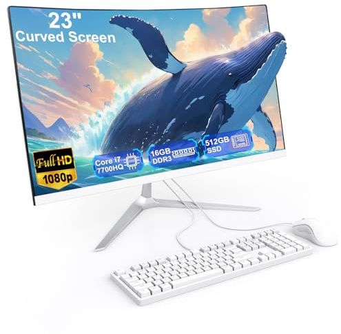 SUKOTOP All-in-One Desktop PC 23.8 inch Curved Display Core i7 7700HQ(up to 3.8Ghz) 16GB RAM 512GB SSD Dual Band WiFi, Bluetooth 5.0, Complete with Wired Keyboard & Mouse
