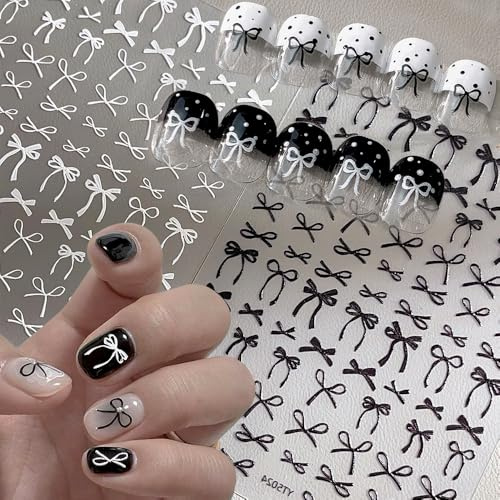 5D Schwarz Weiß Schleifen Nagelaufkleber für Frauen Nagelsticker Selbstklebend Vintage Schleifen Nageldesign Fingernägel Aufkleber Nägel Zubehör Nagel Stickers Bow Nail Sticker 5D Nail Art Stickers