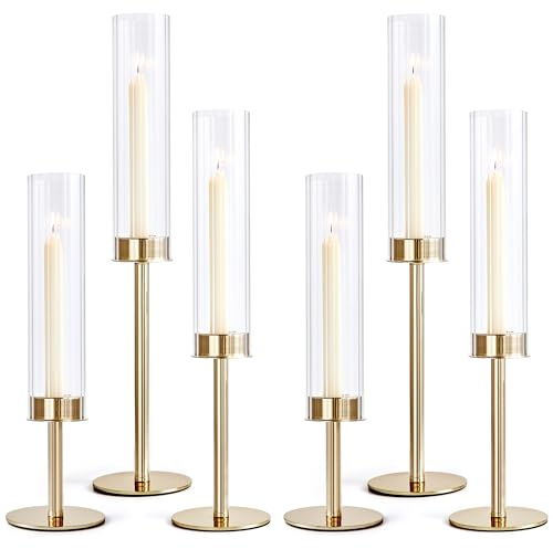 Hurricane Glas Kerzenhalter Set mit 6, Hohe Windfeste Kerzenständer mit Goldener Metallbasis, Kerzenständer für Hochzeit, Weihnachten, Esstisch, Party, Wohnkultur (Gerippt)