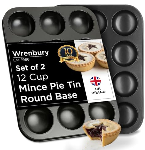 Wrenbury Mince Pie Baking Tray Set of 2 - Shallow Jam Tart Baking Tins 12 Cup - Commercial Grade Non Stick - Food Safe Easy Clean - Patty Tart Bun Tin