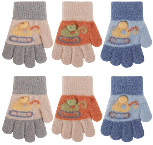 QKURT trollerihandskar för barn med grävmaskinsmotiv, 3 par barnvinterhandskar, stretchiga helfingerhandskar, unisex, elastiska, varma, stickade, för pojkar och flickor från 1-3 år, Orange-blå-grå, En