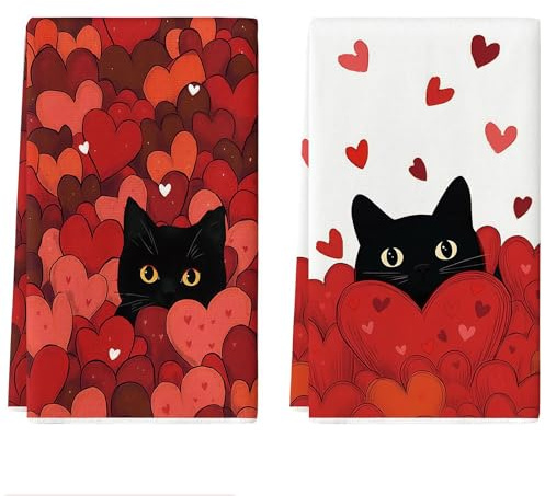 AstraGlam Serviettes de Cuisine en Microfibre – 2 Pièces, Serviettes de Vaisselle 45 x 66 cm, Chiffons décoratifs Chats Noirs & Cœurs Rouges, Doux & Absorbants, Design esthétique