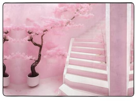 WBQLSL Alfombra suave y esponjosa con estampado de escalera blanca de cerezo de 80 x 58 pulgadas, adecuada para sala de estar, oficina, balcón, mesita de noche, tapete de mesa de café
